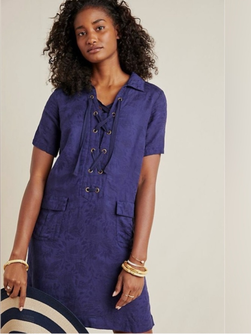 Anthropologie Finley Lace-Up Linen Blend Short Sleeve Shirtdress Navy Blue Sz 14